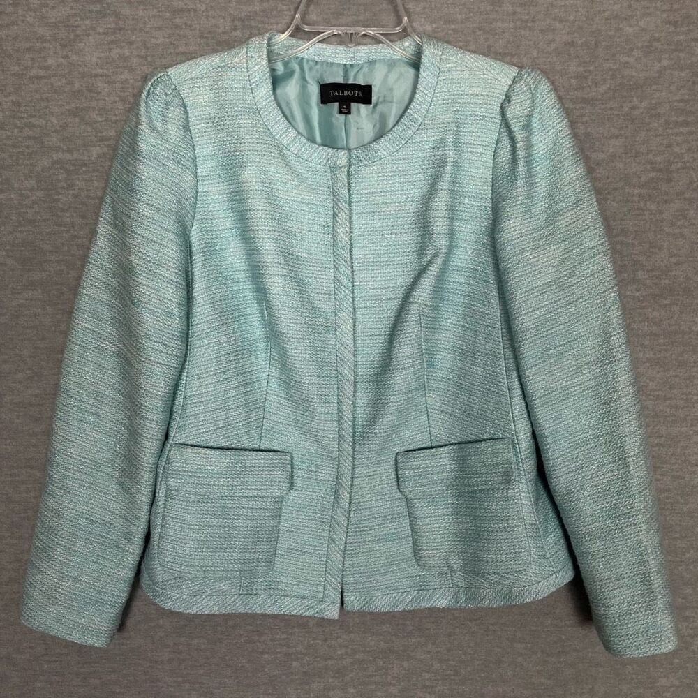 Talbots Collarless Light Blue Jacket Women's 6 Preppy Office Jackie O w/ Pockets